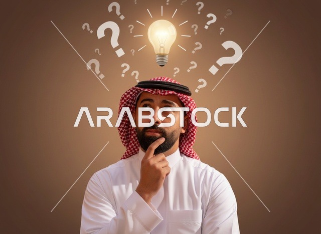 Saudi Man Thinking with Idea Lightbulb and Question Marks