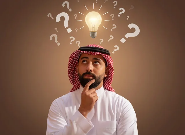 Saudi Man Thinking with Idea Lightbulb and Question Marks