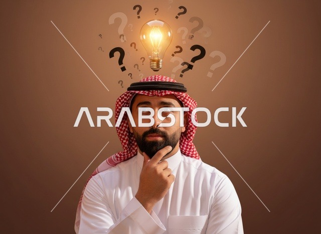رجل سعودي مع مصباح فكرة متوهج وعلامات استفهام
