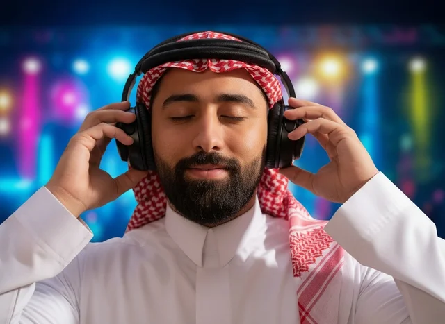 رجل سعودي بالزي التقليدي يرتدي سماعات رأس في الليل