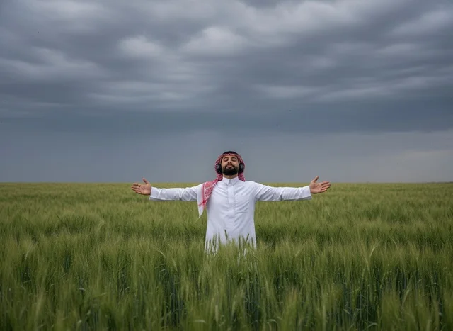 A Saudi man in a green field wearing headphones.