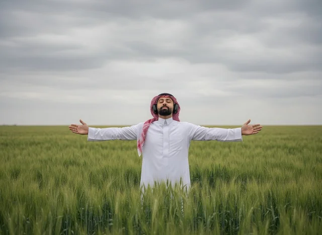Saudi Man with Headphones in Green Wheat Field