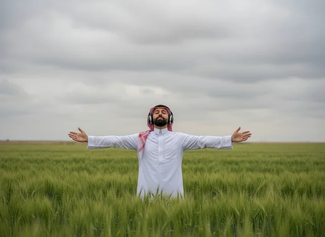 Saudi Man in Green Field with Headphones Outdoors