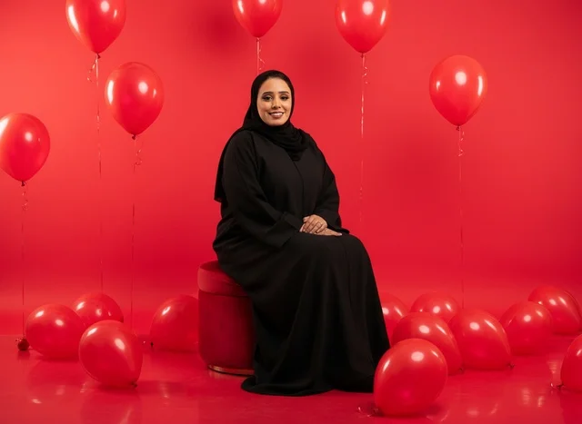 Saudi Woman in Abaya with Red Balloons Studio