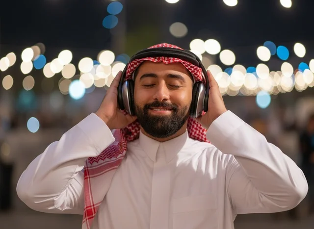A Saudi man in traditional attire wearing headphones at night.