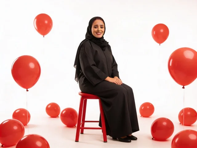 امرأة سعودية بالعباءة السوداء مع بالونات حمراء