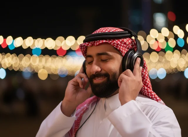 Saudi Man Wearing Headphones at Night with Bokeh Lights