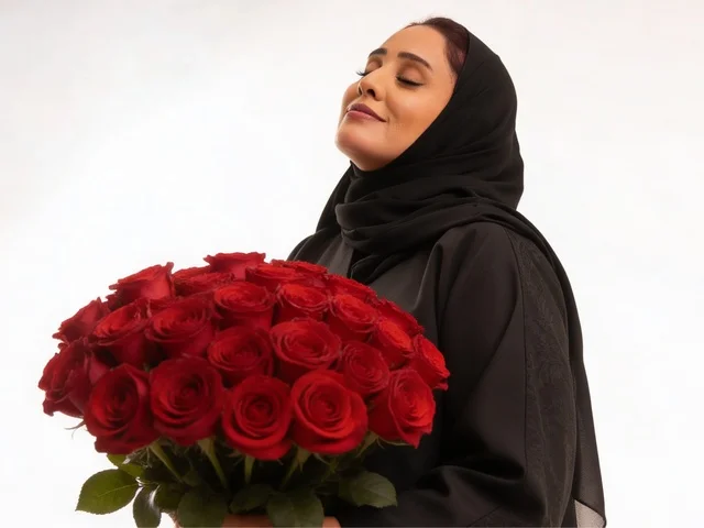 امرأة سعودية بالعباءة السوداء تحمل باقة ورد أحمر