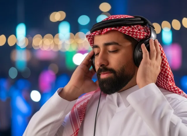 Saudi Man in Traditional Thobe Wearing Headphones at Night