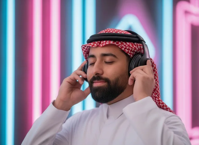 Saudi Man Wearing Headphones with Pink Neon Lighting