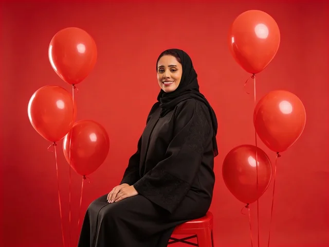 Saudi Woman in Abaya with Red Balloons Studio Portrait