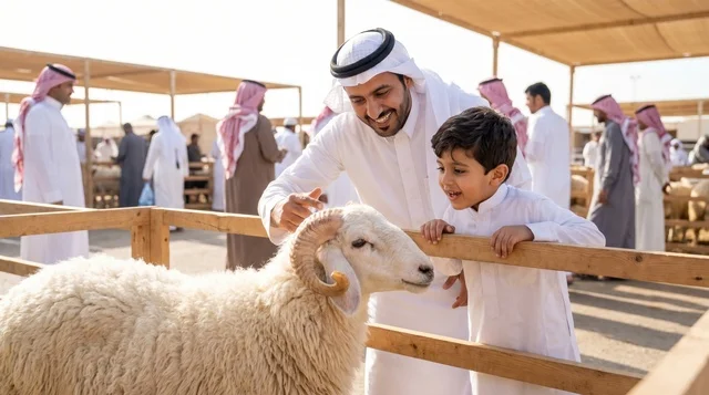 أب سعودي وابنه في سوق المواشي لشراء أضحية عيد الأضحى