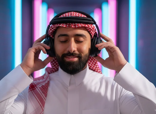A Saudi man in traditional attire wearing headphones at night.
