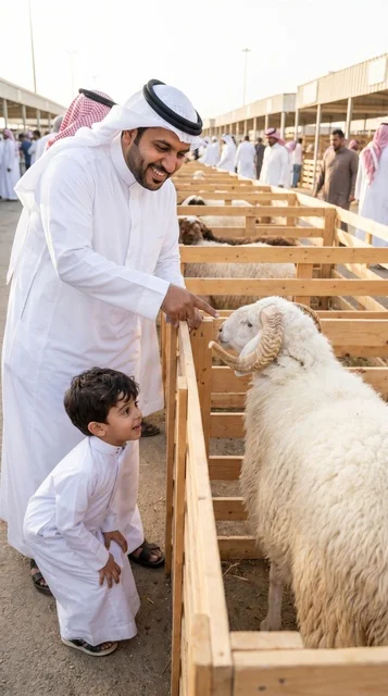 أب سعودي وابنه في سوق المواشي لشراء أضحية خروف العيد