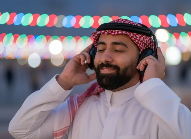 A Saudi man in traditional attire wearing headphones at night.