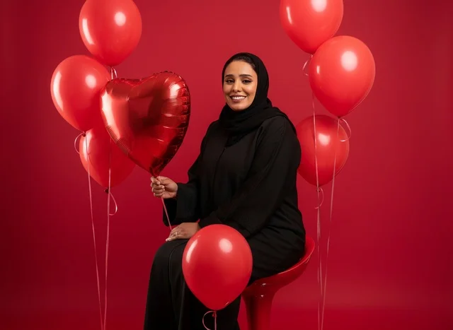 Saudi Woman in Black Abaya Holding Red Heart Balloon
