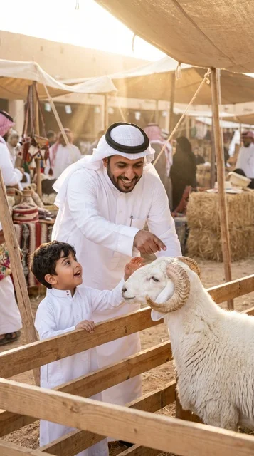 Saudi Father and Son Buying Eid Sheep at Livestock Market