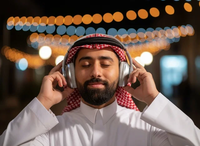 رجل سعودي بالزي التقليدي يرتدي سماعات رأس في الليل