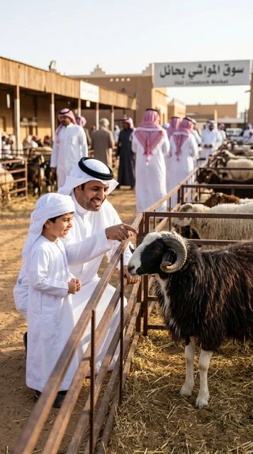 أب سعودي وابنه في سوق مواشي حائل لشراء الأضحية