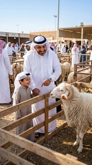 Saudi Father and Son at Livestock Market for Eid