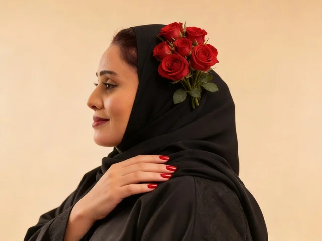 Middle Eastern Woman in Black Abaya with Red Roses