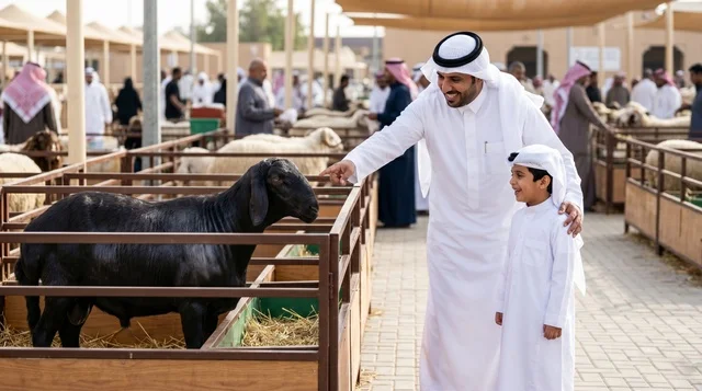 أب وابنه في سوق مواشي سعودي لشراء الأضحية