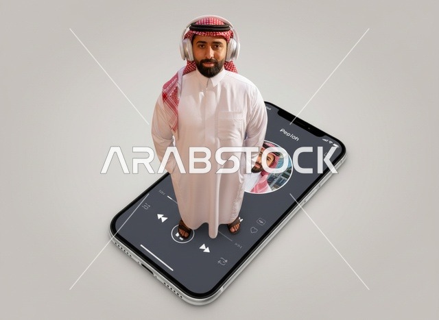 Creative Saudi Man Standing on Smartphone with Headphones