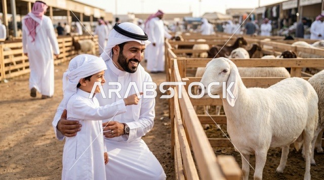 أب سعودي وابنه في سوق مواشي لشراء الأضحية