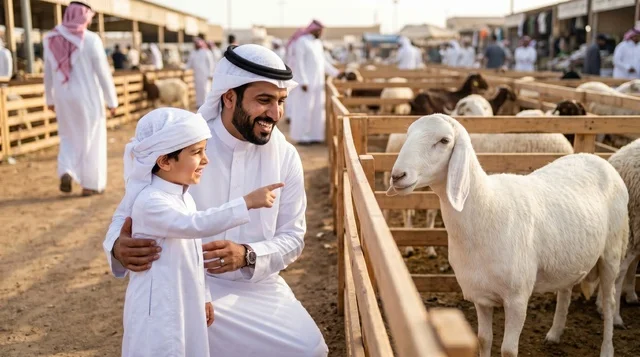 أب سعودي وابنه في سوق مواشي لشراء الأضحية