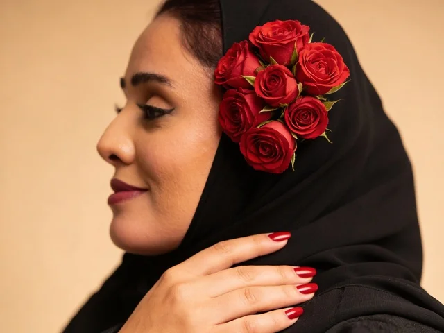 امرأة سعودية بالعباءة السوداء والورود الحمراء
