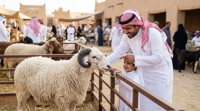 Saudi Father and Son at Livestock Market for Eid Al Adha