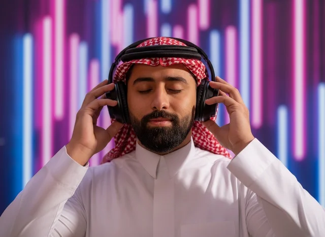رجل سعودي يرتدي سماعات أمام أضواء النيون