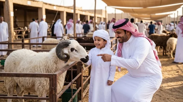 أب سعودي وابنه يشترون خروف العيد في سوق المواشي