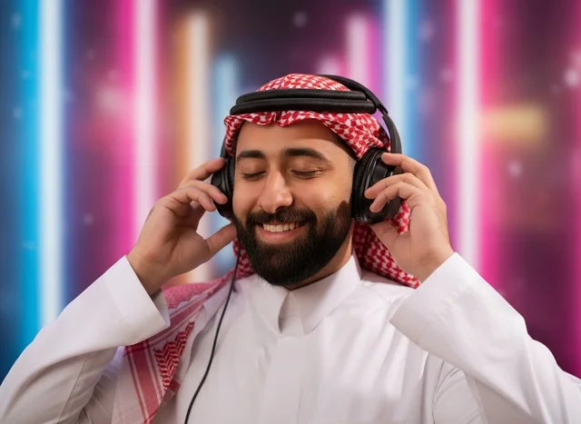 Saudi Man with Headphones and Traditional Saudi Dress