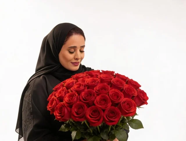 Saudi Woman with Red Roses Bouquet on White Background