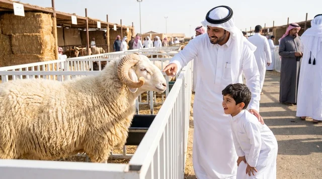 أب سعودي وابنه في سوق المواشي لشراء خروف العيد