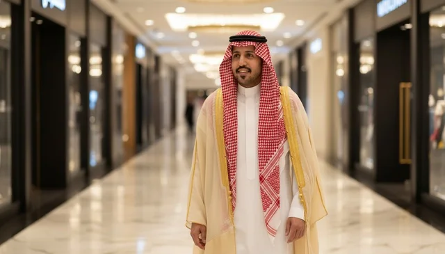 رجل سعودي بالبشت والزي التقليدي في مجمع تجاري