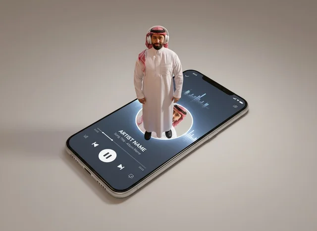 Saudi Man Digital Hologram on Smartphone Music Interface
