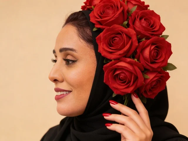 امرأة سعودية بالعباءة السوداء والورد الأحمر