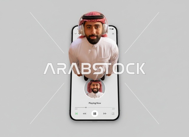 رجل سعودي يرتدي سماعات يخرج من شاشة هاتف ذكي