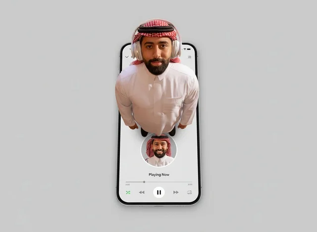 Saudi Man with Headphones Emerging from Smartphone Screen