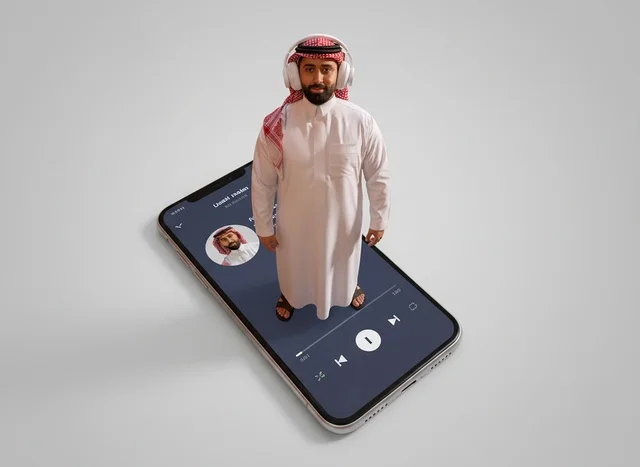 Saudi Man on Smartphone Audio Streaming App