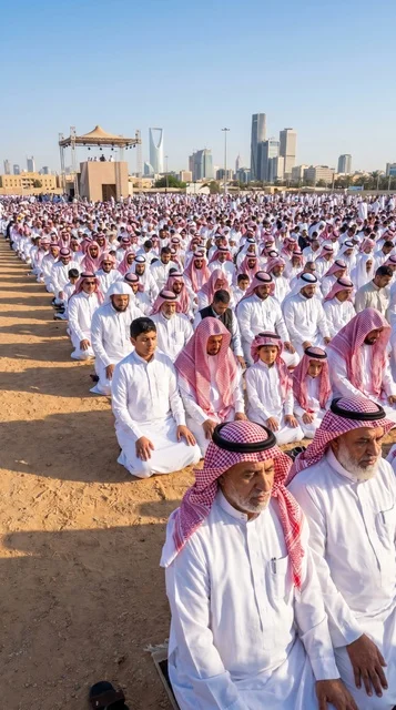 Saudi Men Perform Eid Al-Adha Prayer Riyadh Skyline