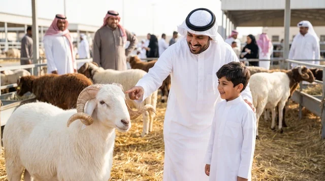 أب سعودي وابنه في سوق المواشي لاختيار أضحية العيد