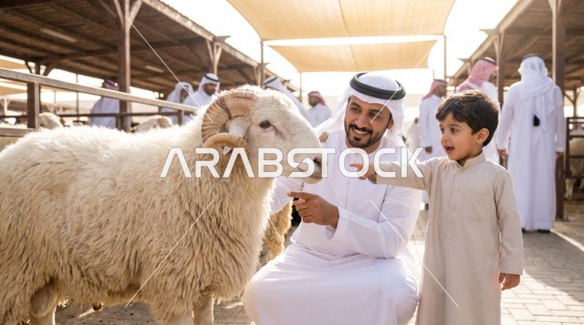 أب سعودي وابنه في سوق مواشي الأضاحي للعيد