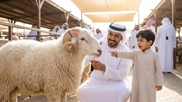 Saudi Father and Son at Eid Al Adha Livestock Market