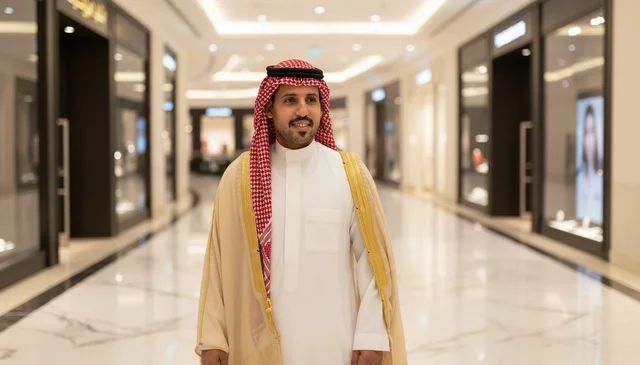 رجل سعودي بالبشت التقليدي في مجمع تجاري فاخر