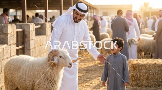أب سعودي وابنه يختاران خروف العيد في سوق المواشي