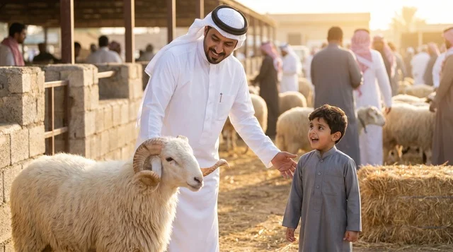 أب سعودي وابنه يختاران خروف العيد في سوق المواشي