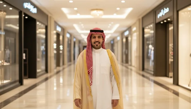 رجل سعودي بالبشت والزي التقليدي في مركز تسوق